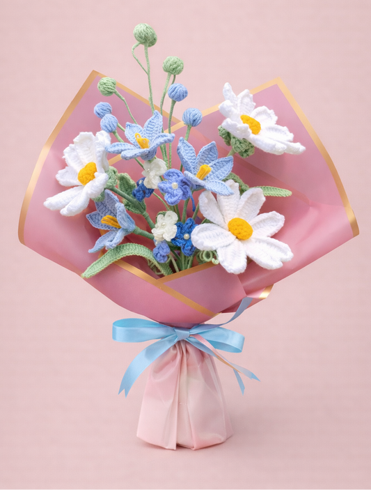 Blue and White Crochet Flower Bouquet